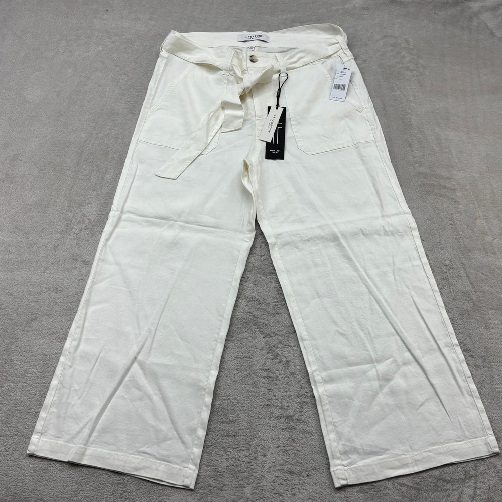 Liverpool Wide Leg Crop Pants Womens 12/31 White Linen Blend Belted Boho Coastal